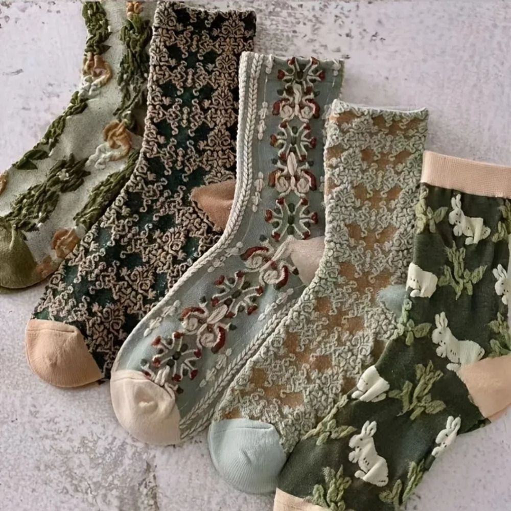 Green rabbit Cottagecore embroidered Capri socks